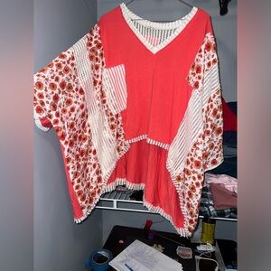 POL Coral Floral Crochet-Trim V-Neck Poncho Top